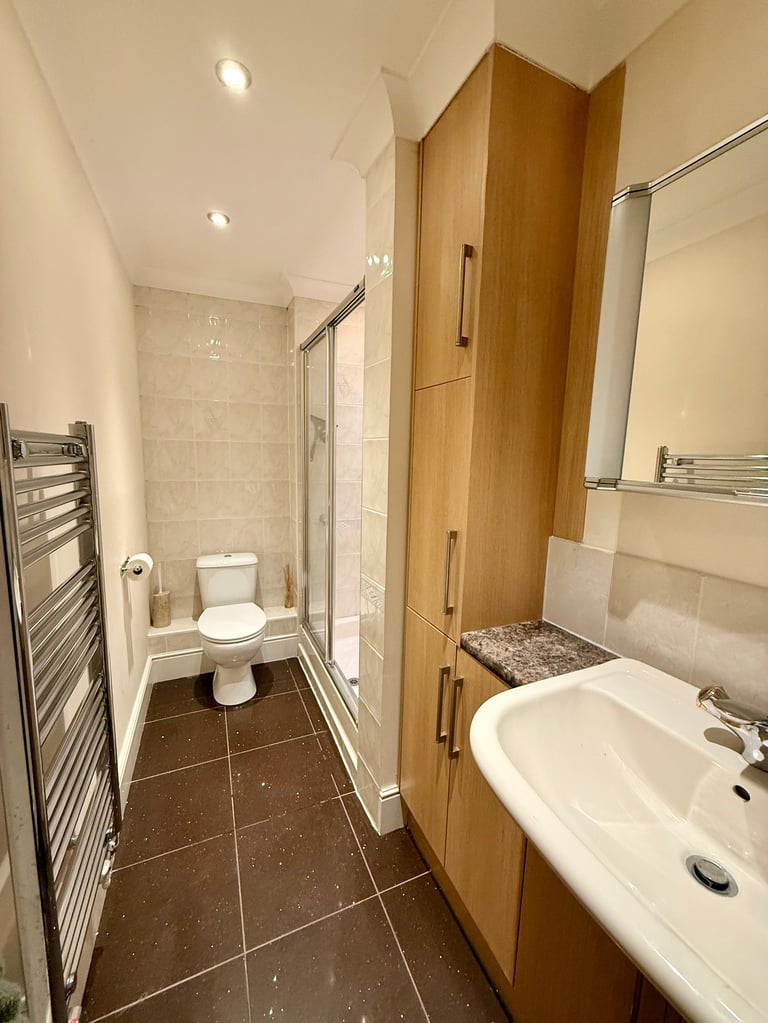 Modern bathroom with white sink, toilet, glass shower enclosure, wooden cabinet, heated towel rack, and dark tile flooring