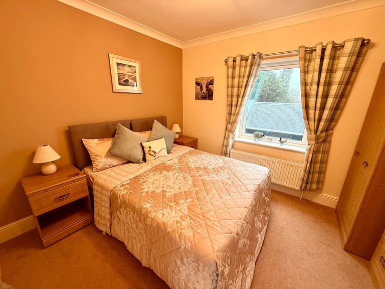 Cozy bedroom with orange walls, wooden bed with patterned bedding, nightstand with lamp, and checkered curtains by window